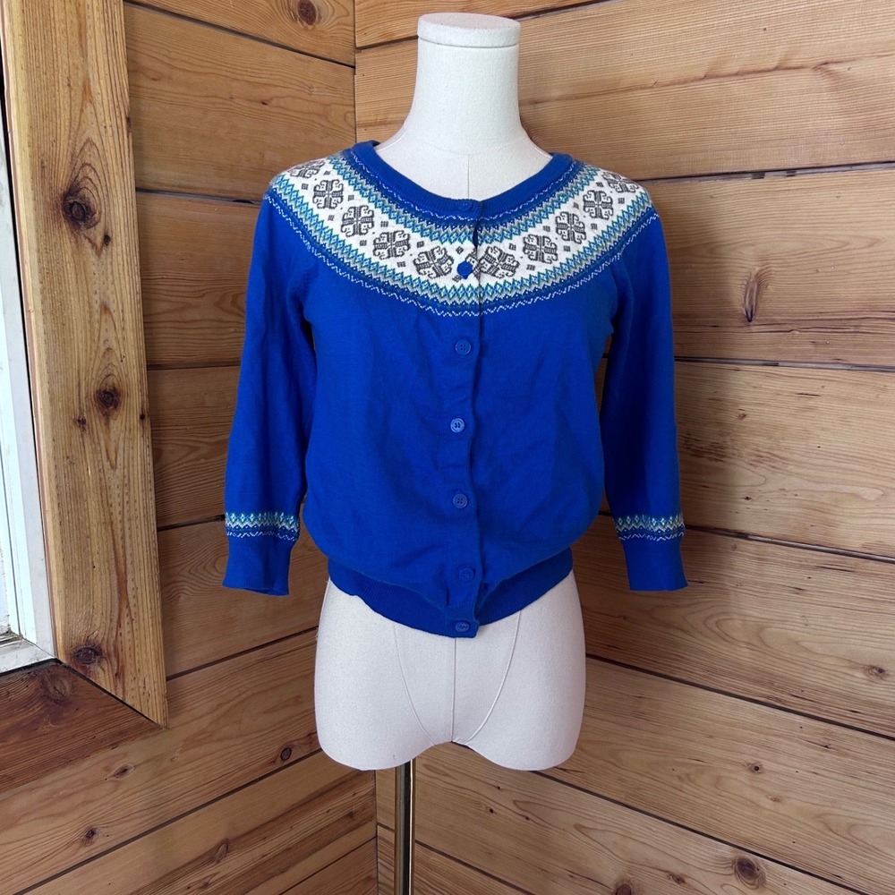 Vintage Silk Cashmere Fair Isle Cardigan Small Royal Blue Nordic Sweater Roots